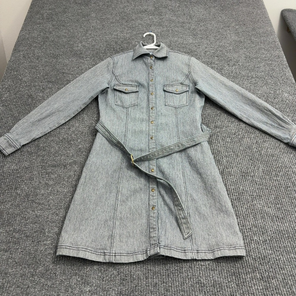 DG2 by Diane Gilman Dress Womens XS Blue Ramie Cotton Belted Button Down Casual